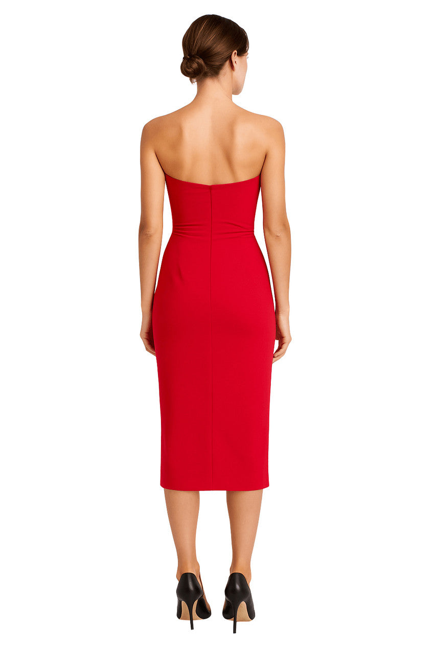 Red | Strapless Crepe Sheath Dress with Twist Front Detail Back