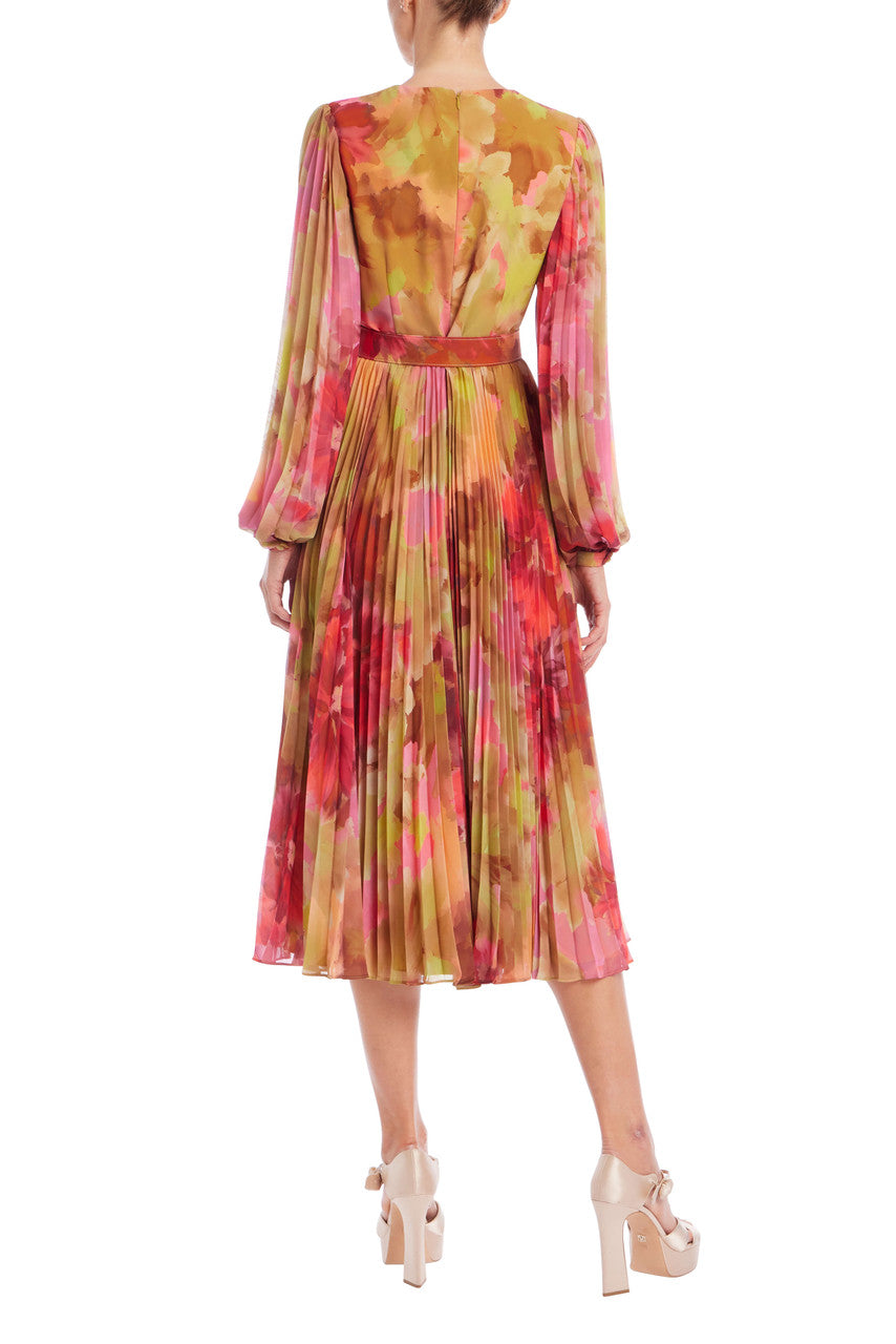 Pleated Bishop Sleeve Belted Midi Dress by Badgley Mischka
