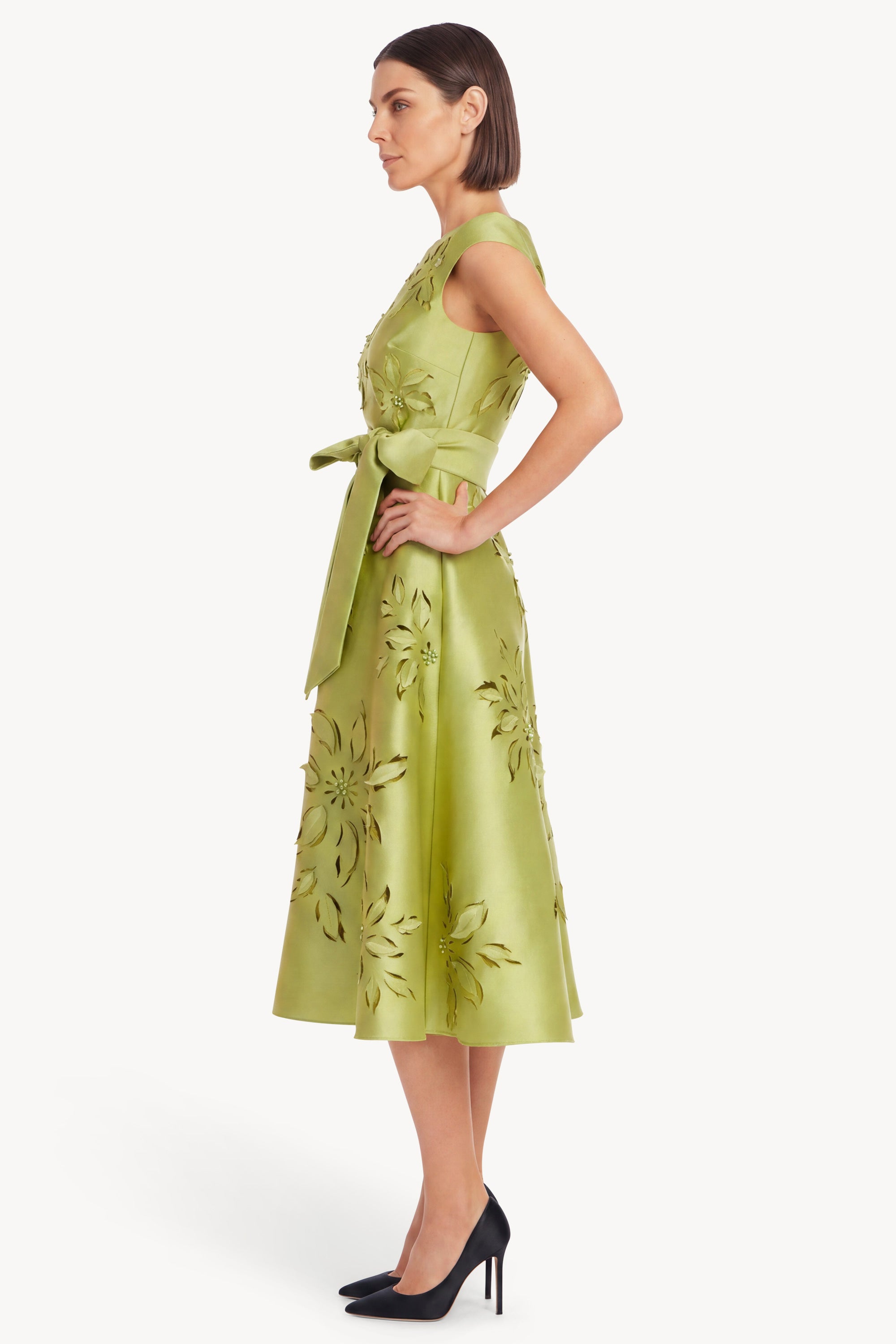 Chartreuse | Laser-Cut Floral Cap Sleeve Midi Dress Side