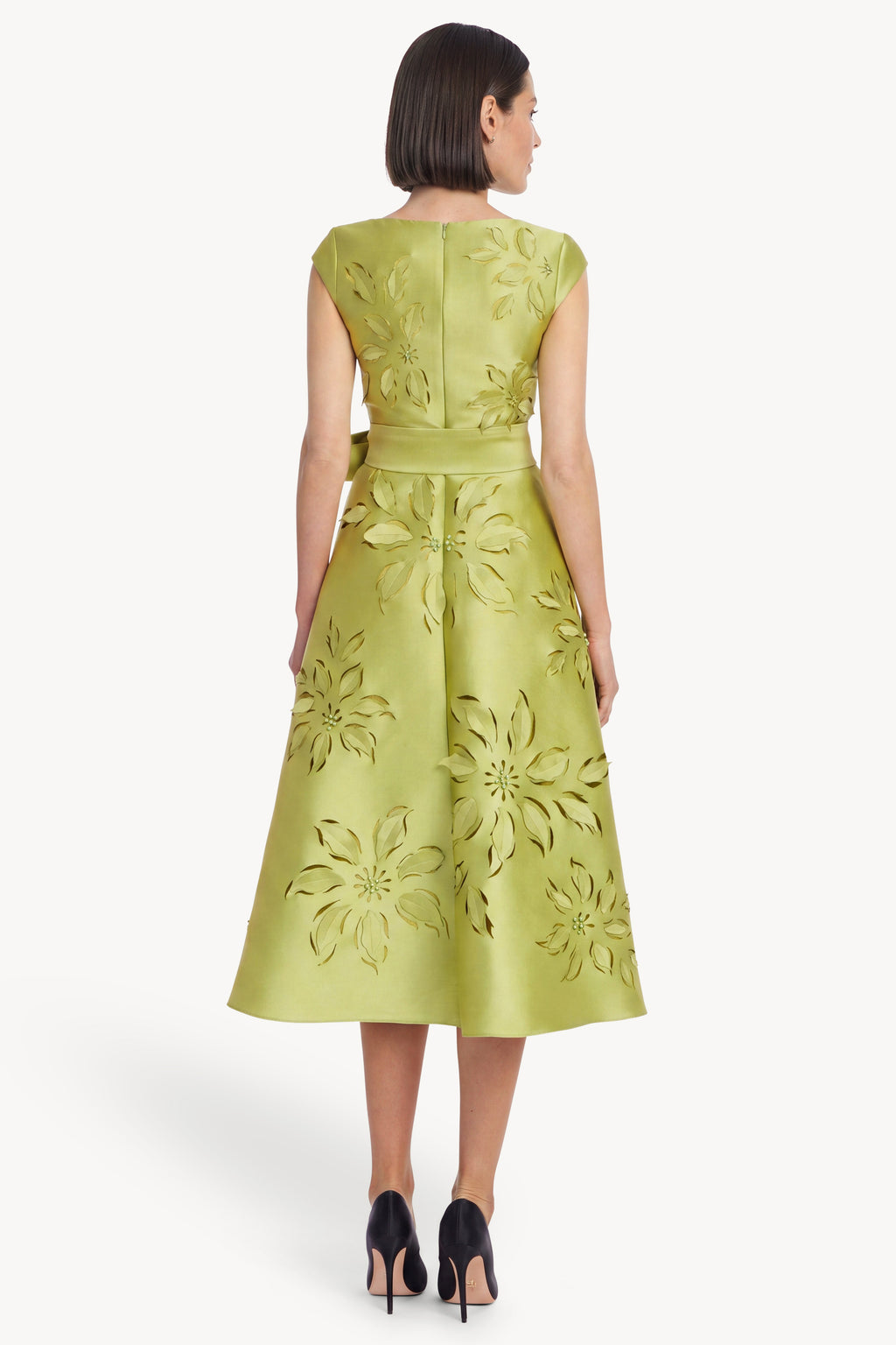 Chartreuse | Laser-Cut Floral Cap Sleeve Midi Dress Back