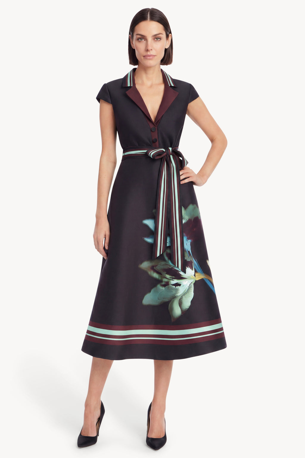 Black Multi | Printed Cap Sleeve Midi Wrap Dress Front