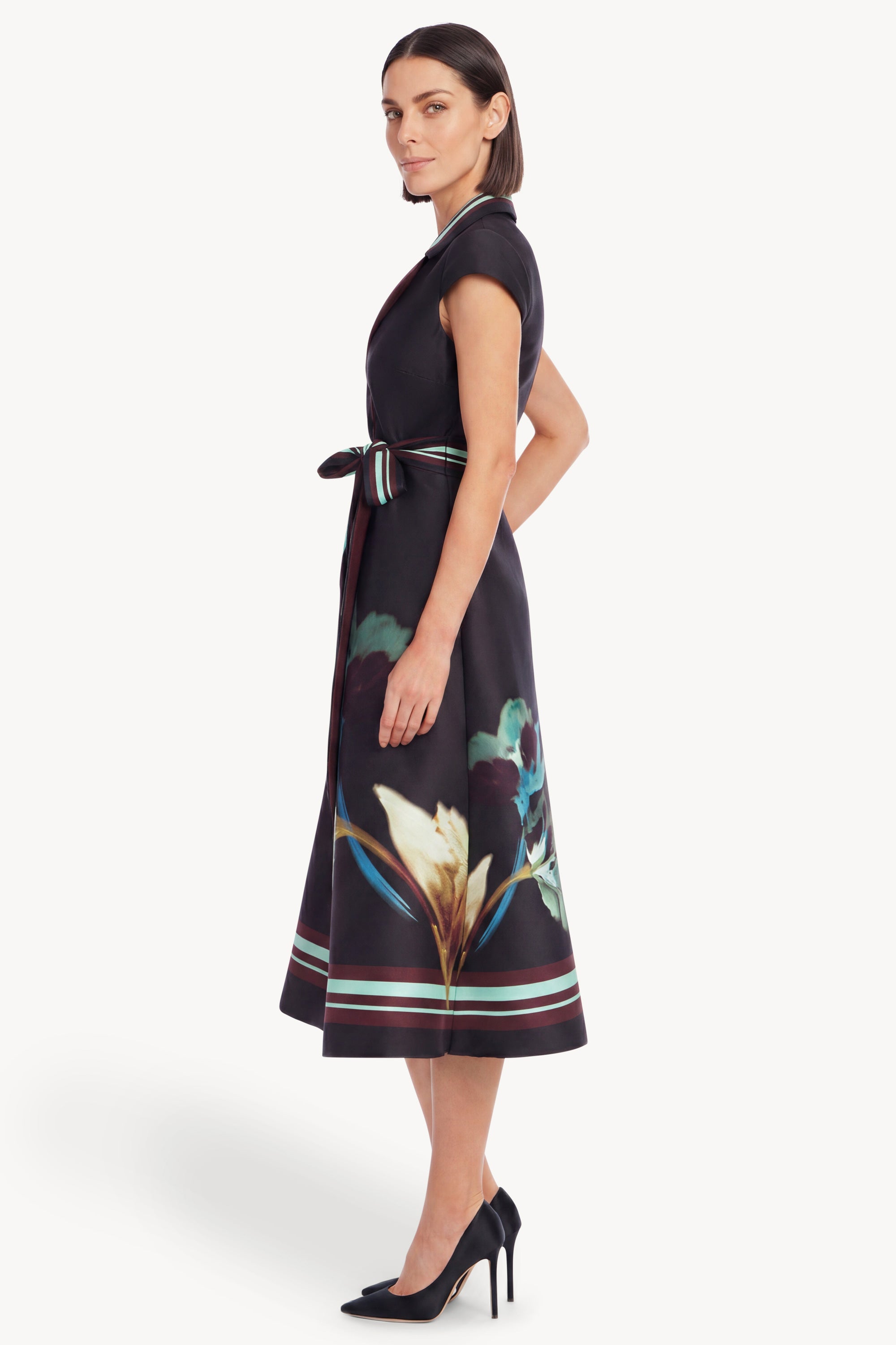 Black Multi | Printed Cap Sleeve Midi Wrap Dress Side