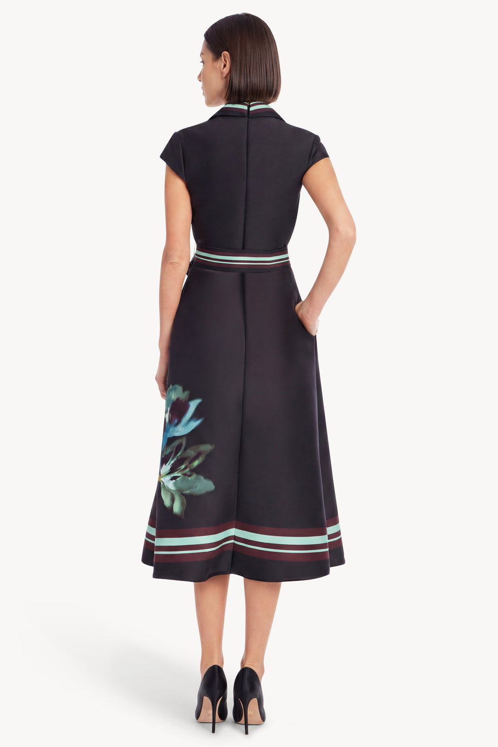 Black Multi | Printed Cap Sleeve Midi Wrap Dress Back