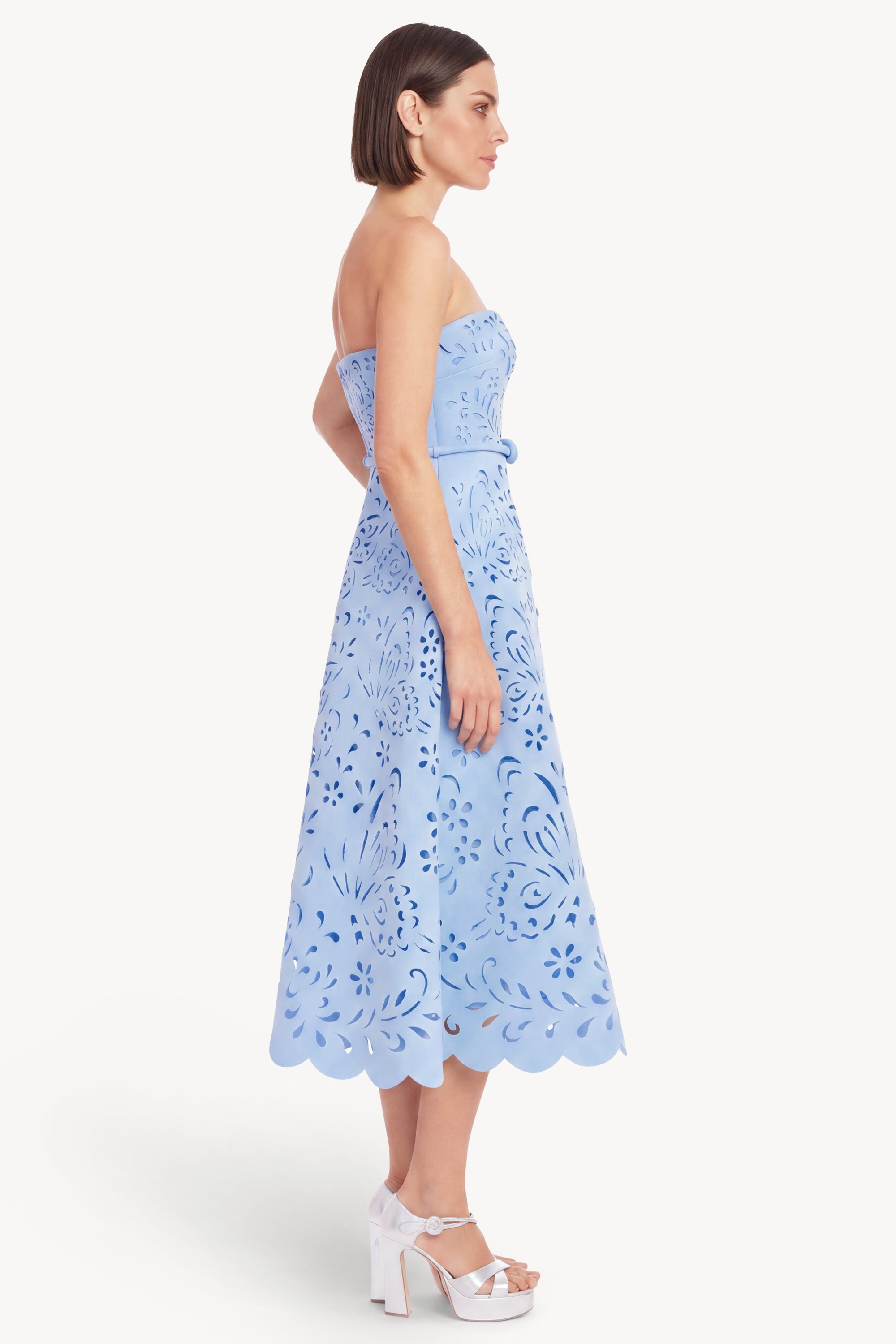 Badgley Mischka Strapless Butterfly Laser-Cut Midi Dress, Periwinkle, Women's, 10
