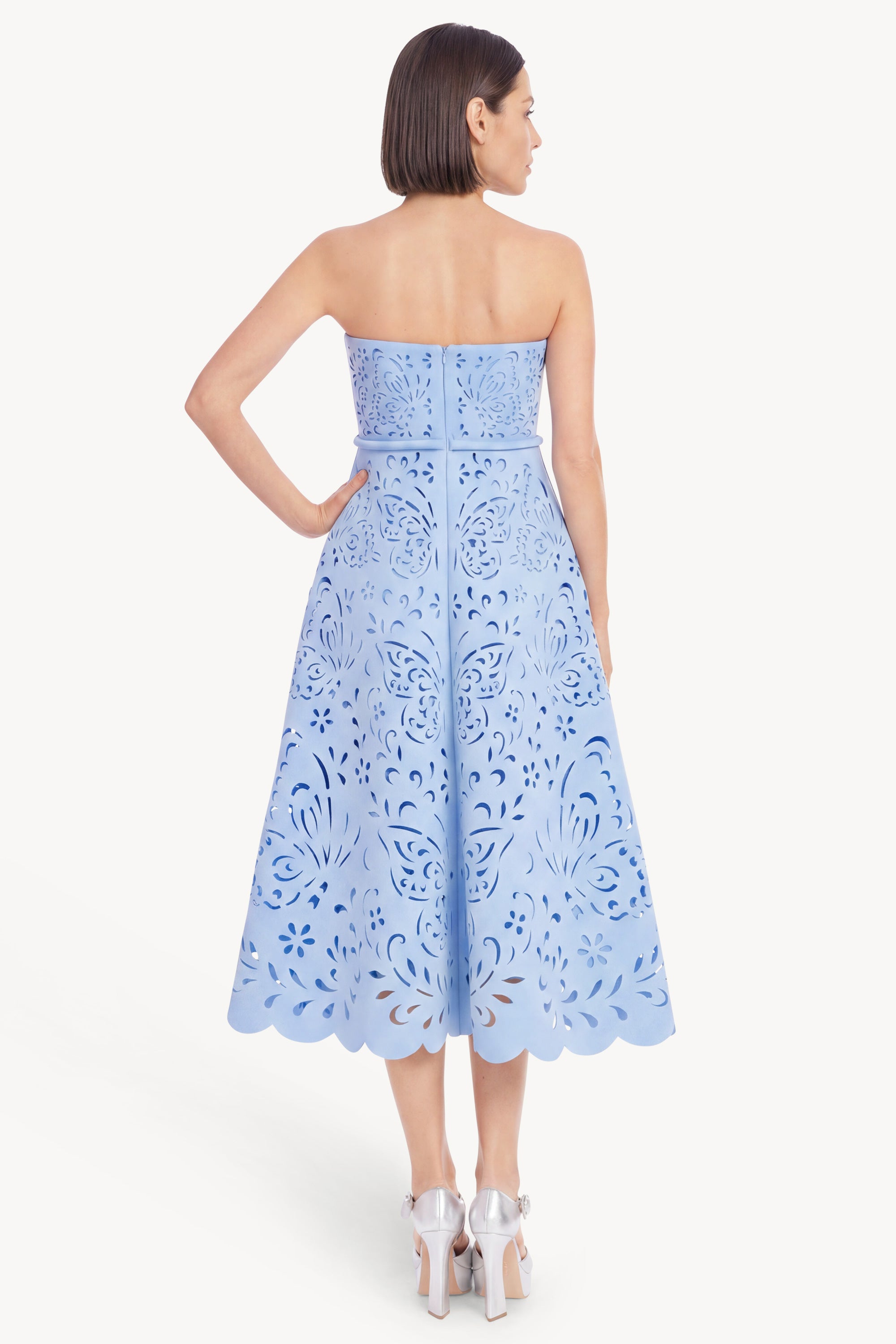Periwinkle | Strapless Laser-Cut Midi A-Line Dress Back