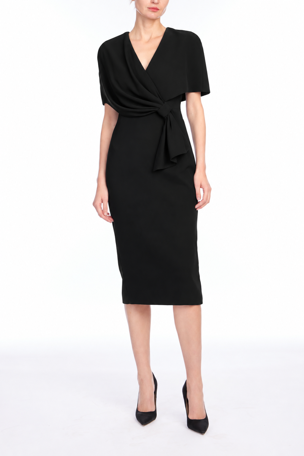 Black | Wrap Shoulder Sheath Cocktail Dress Front