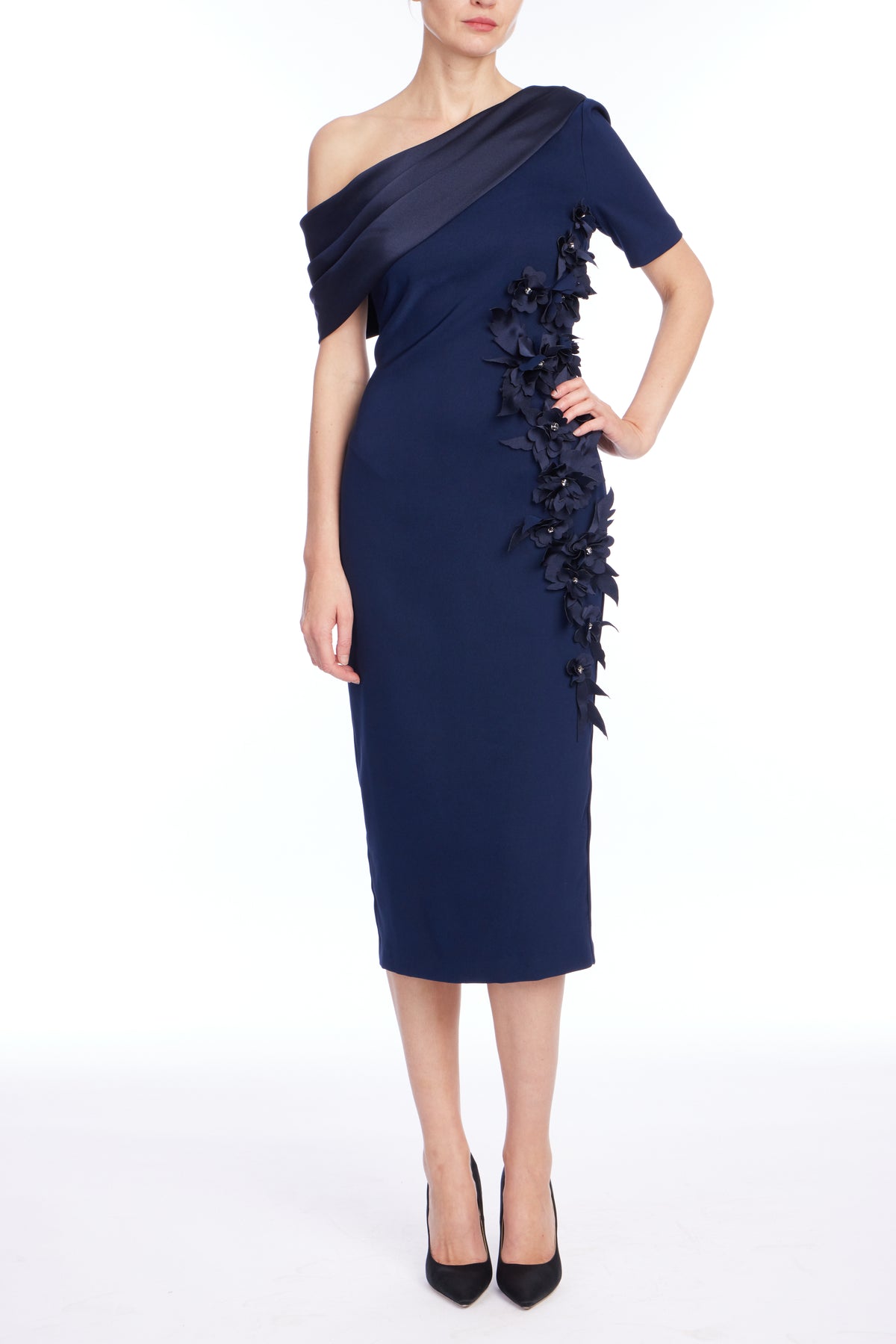 Navy | One Shoulder Floral Cocktail Dress Front