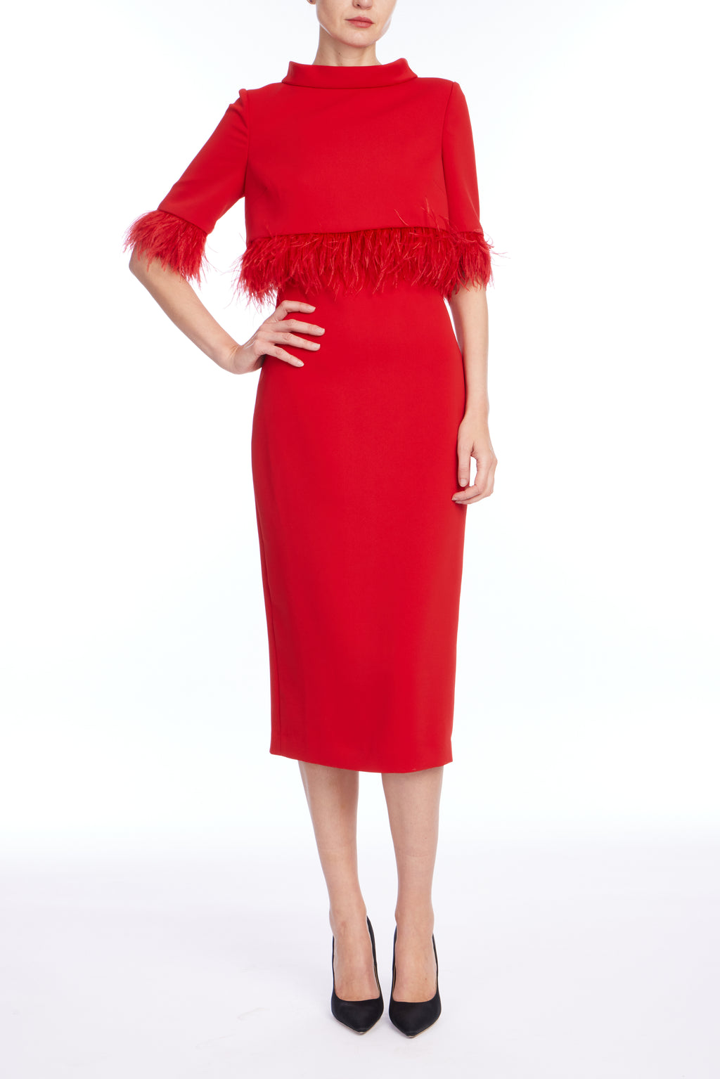 Red | Feather Pop-Over Cocktail Dress Front