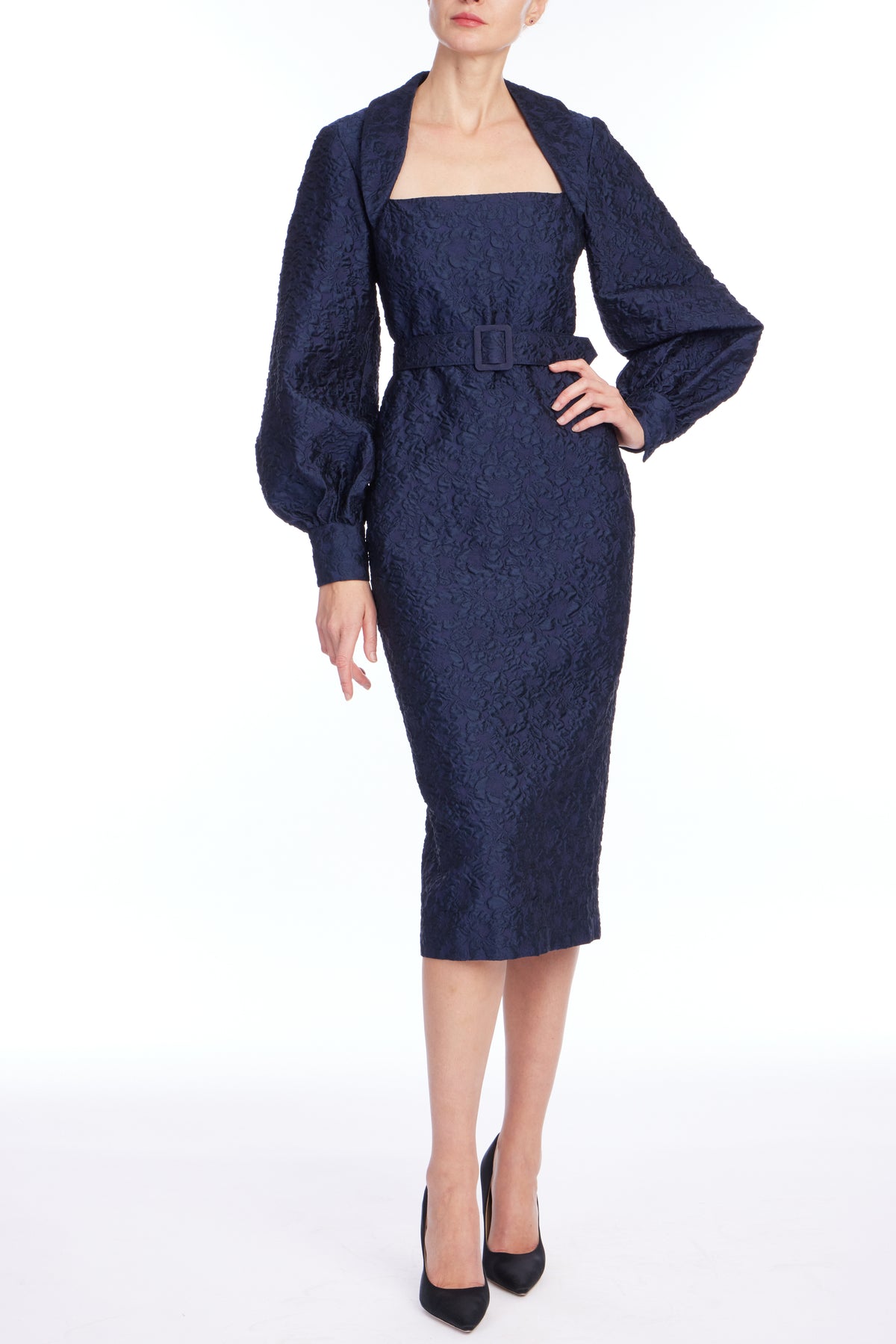 Navy | Full Sleeve Jacquard Cocktail Dress Front