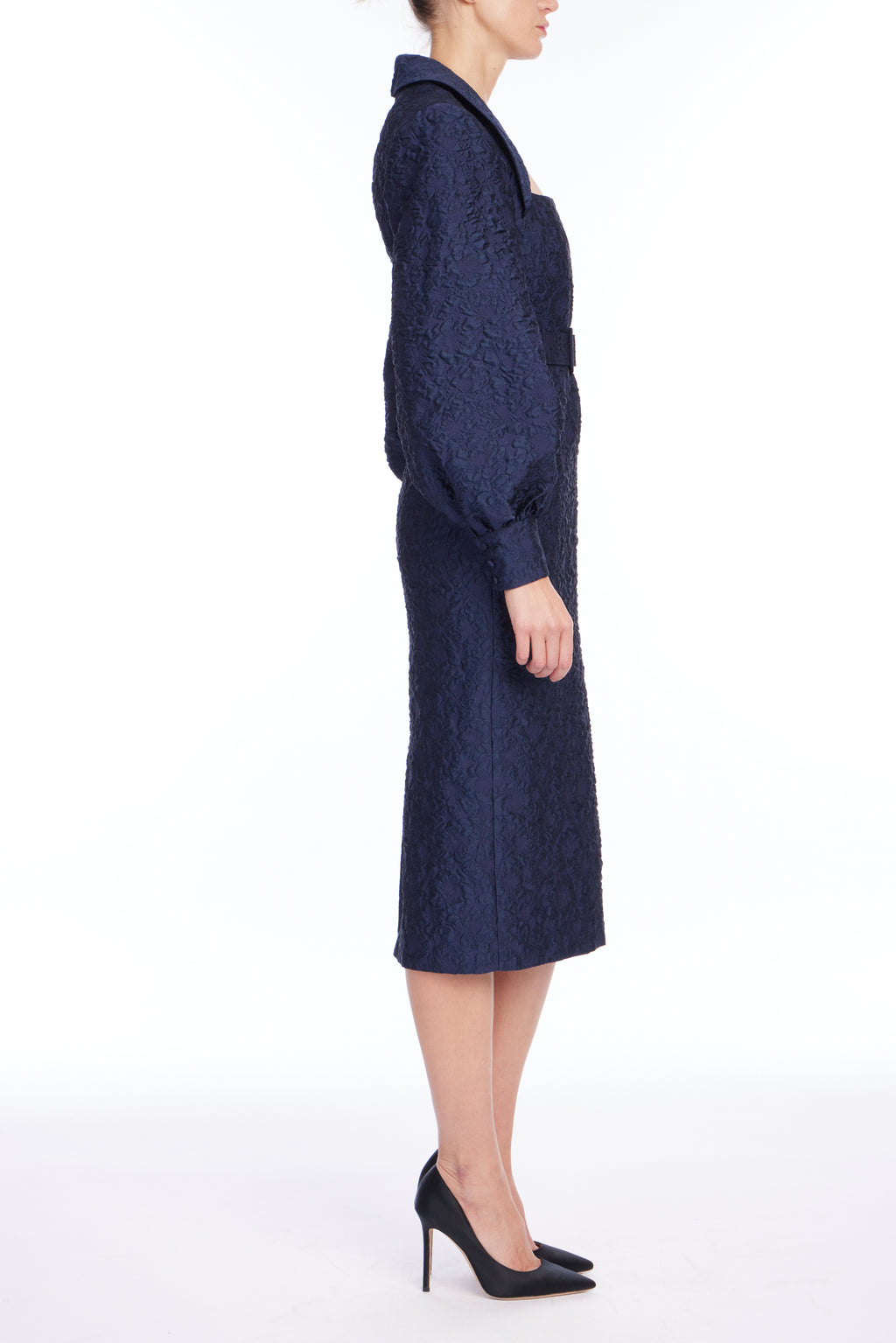Navy | Full Sleeve Jacquard Cocktail Dress Side