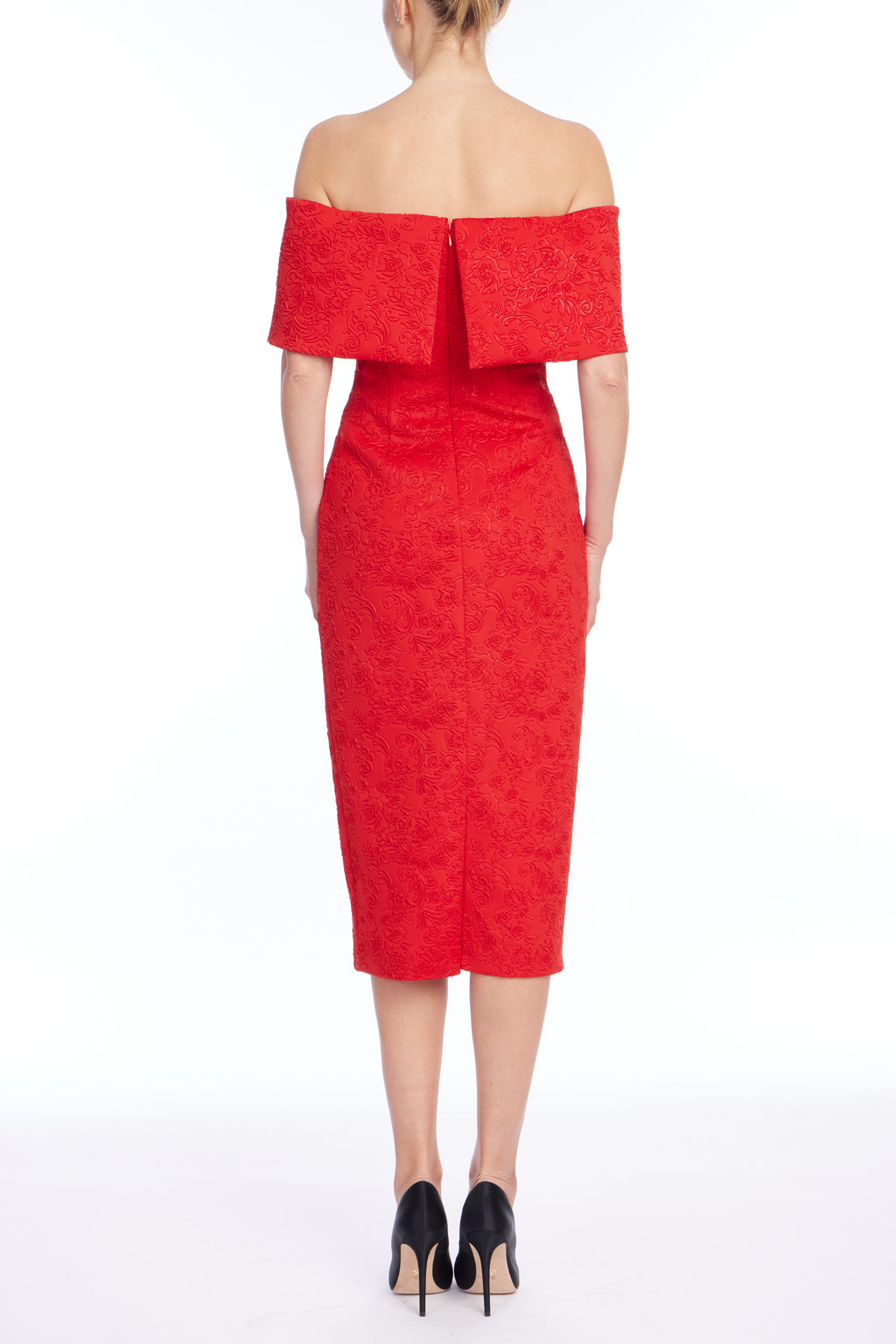 Red | Embossed Scuba Cocktail Dress Back