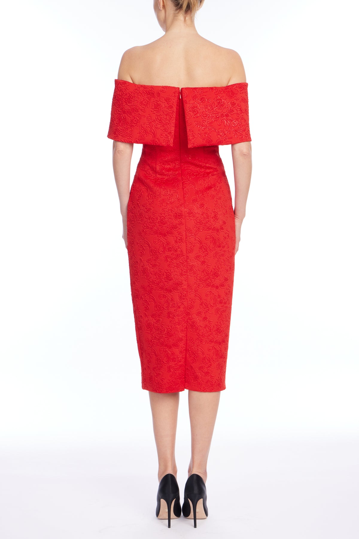 Red | Embossed Scuba Cocktail Dress Back