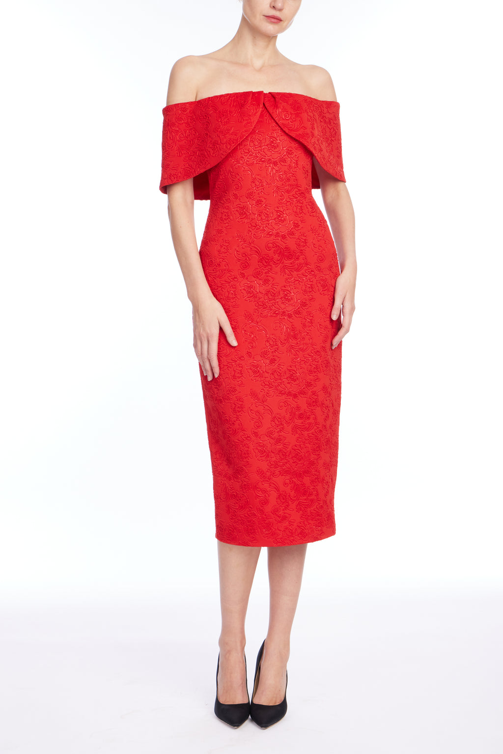 Red | Embossed Scuba Cocktail Dress Front
