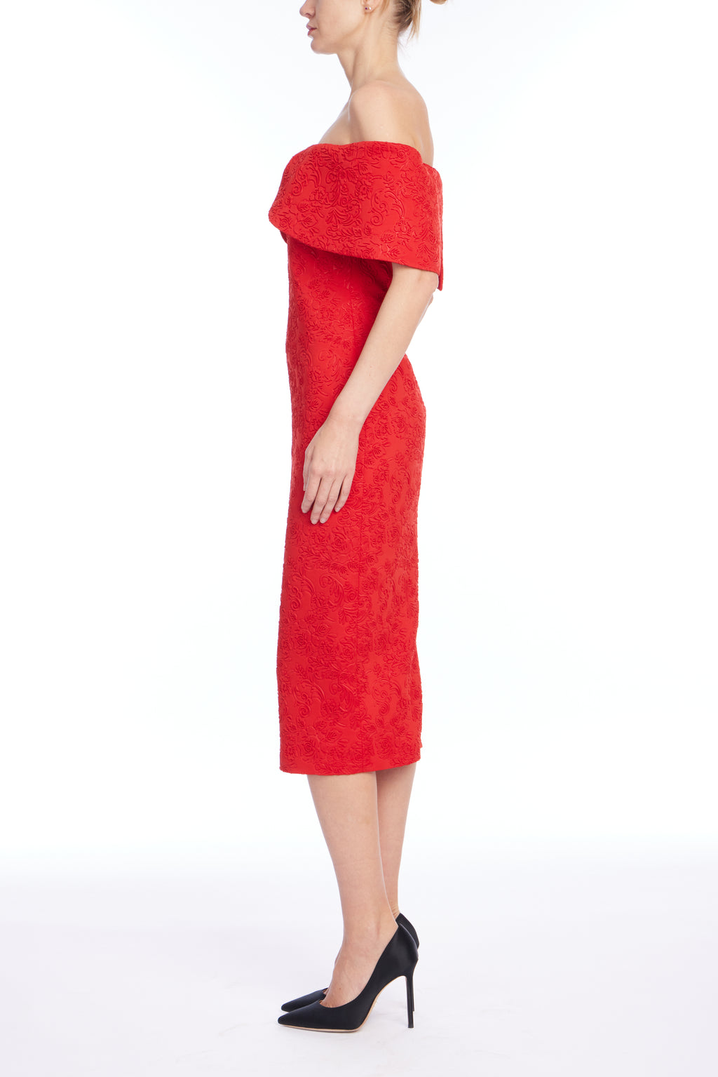 Red | Embossed Scuba Cocktail Dress Side
