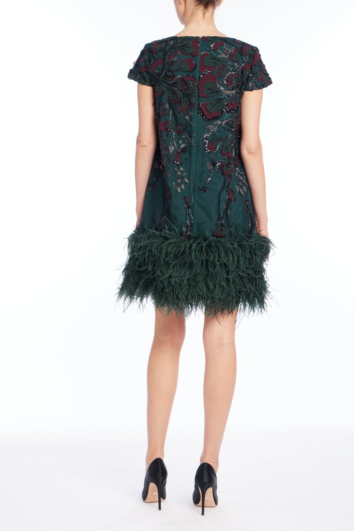 Pine | Beaded Feather Hem Short Dress Back