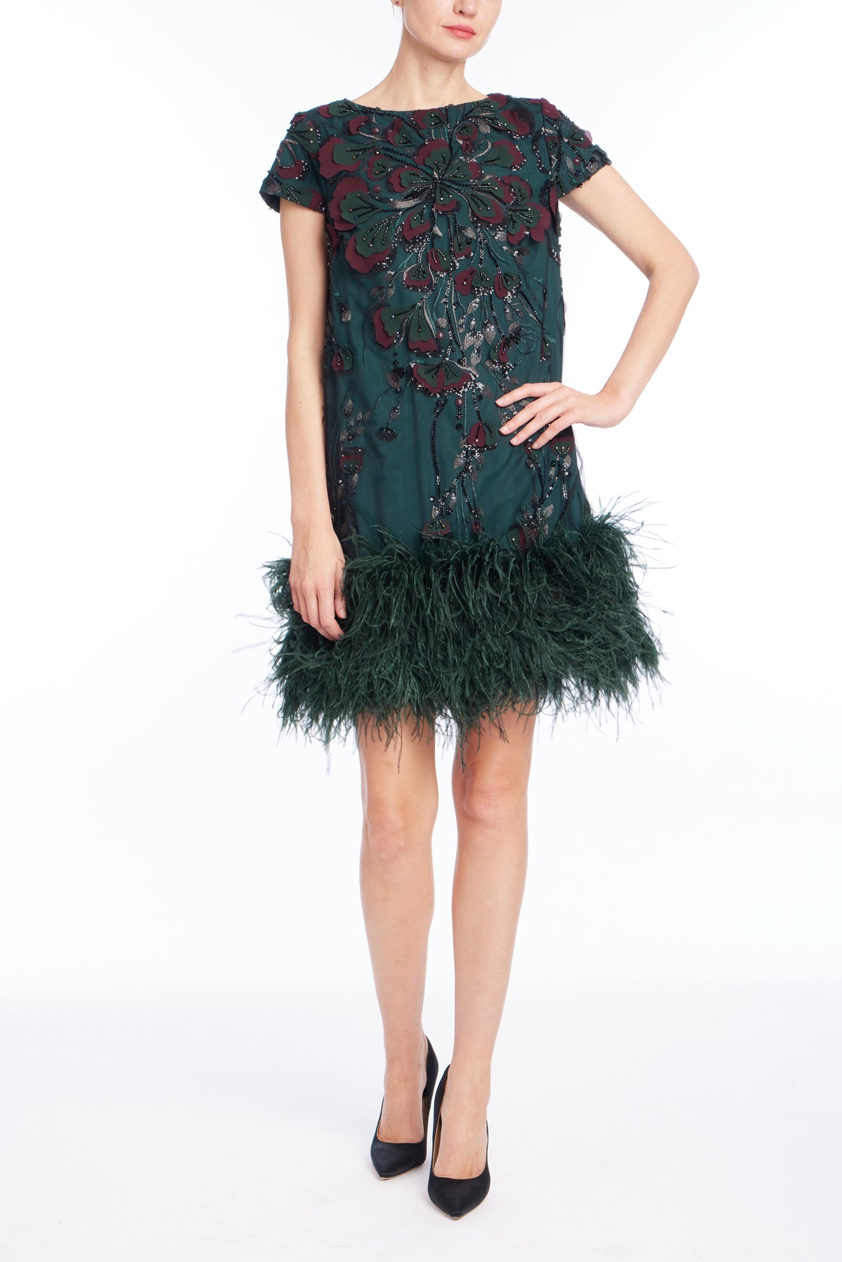 Pine | Beaded Feather Hem Short Dress Front