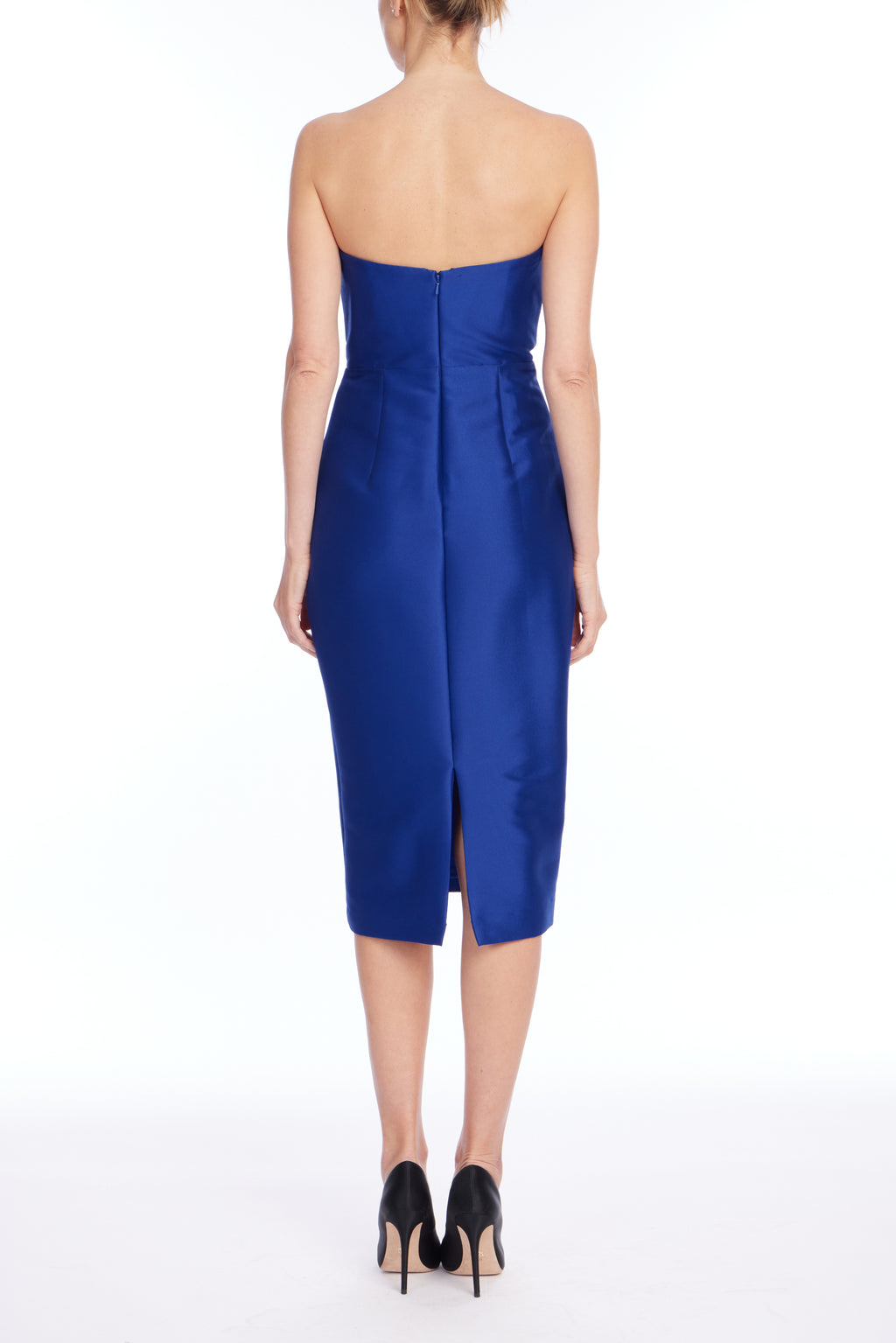 Cobalt | Strapless Pleated Fan Mikado Midi Dress Back