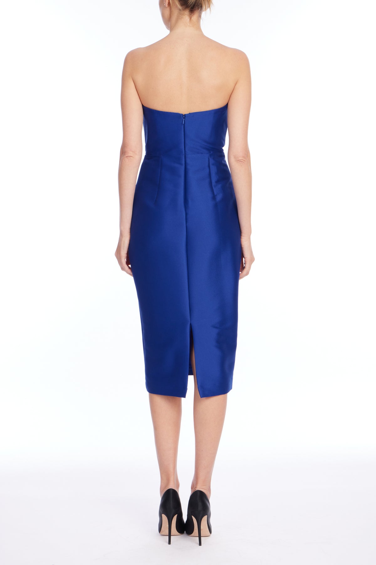 Cobalt | Strapless Pleated Fan Mikado Midi Dress Back