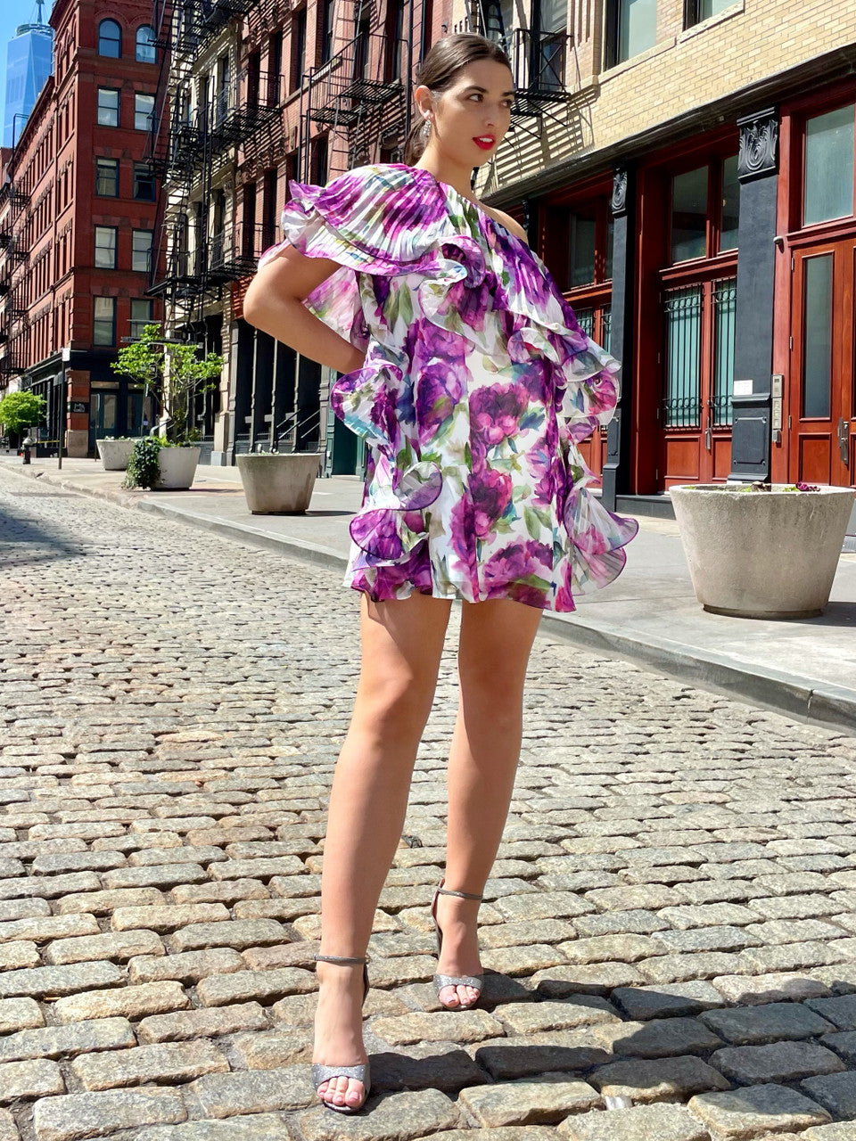 White Multi | Floral Ruffle One-Shoulder Mini Dress