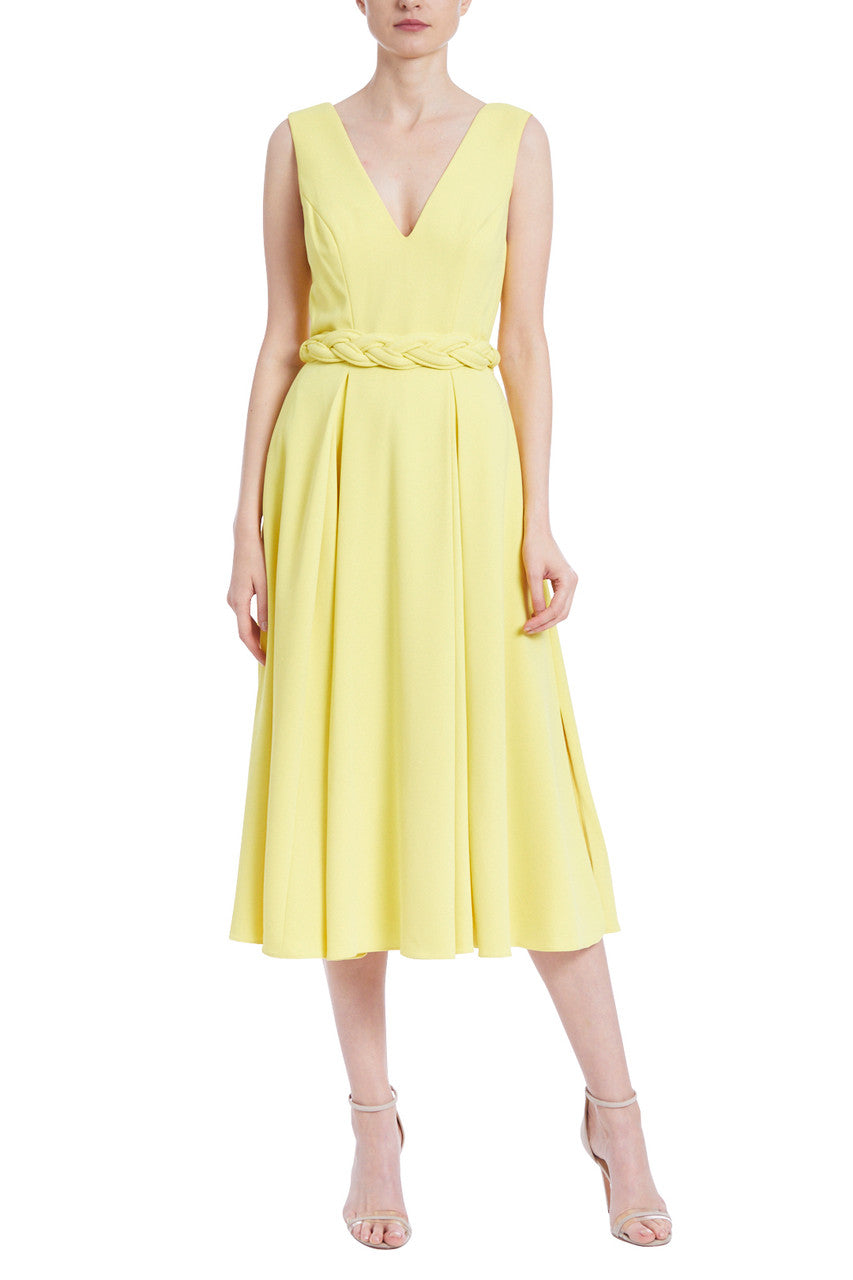 Yellow | Lemon-Yellow V-Neck Braided Waist Dress