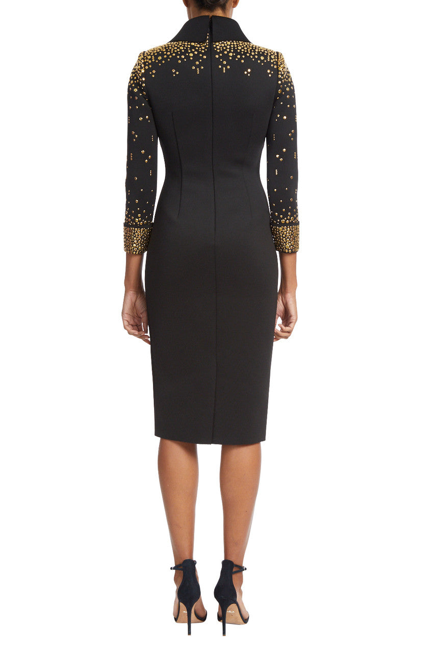 Black | Gold Studded Scuba Dress with Collar