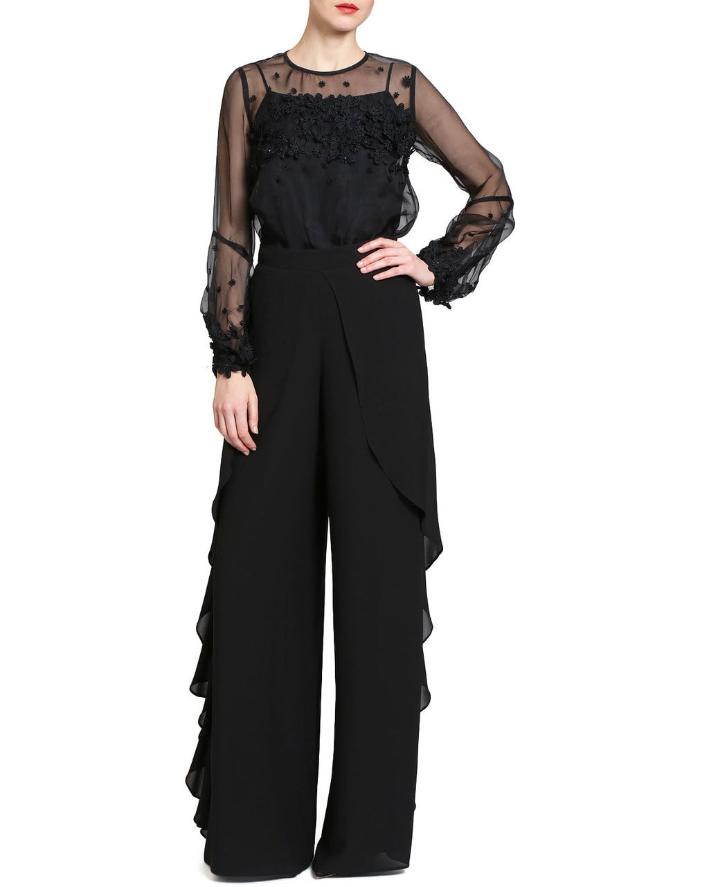 Black | Solid Ruffle Pants