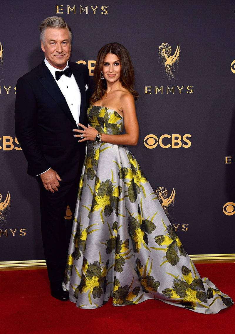 Hilaria Baldwin, wife of Emmy winner Alec Baldwin, wore a Badgley Mischka Resort 2018 gown to the Emmy Awards.