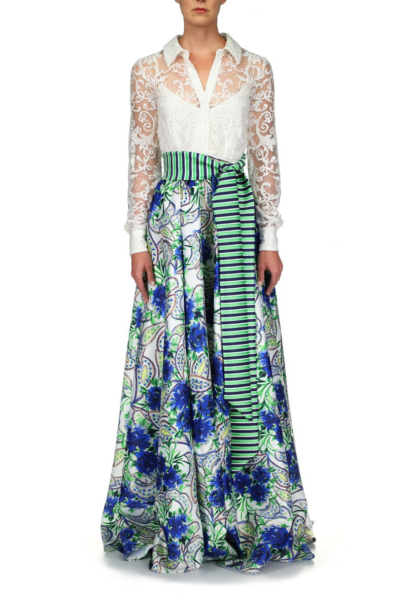 Blue Multi | Lace and Printed Mikado Shirt Gown