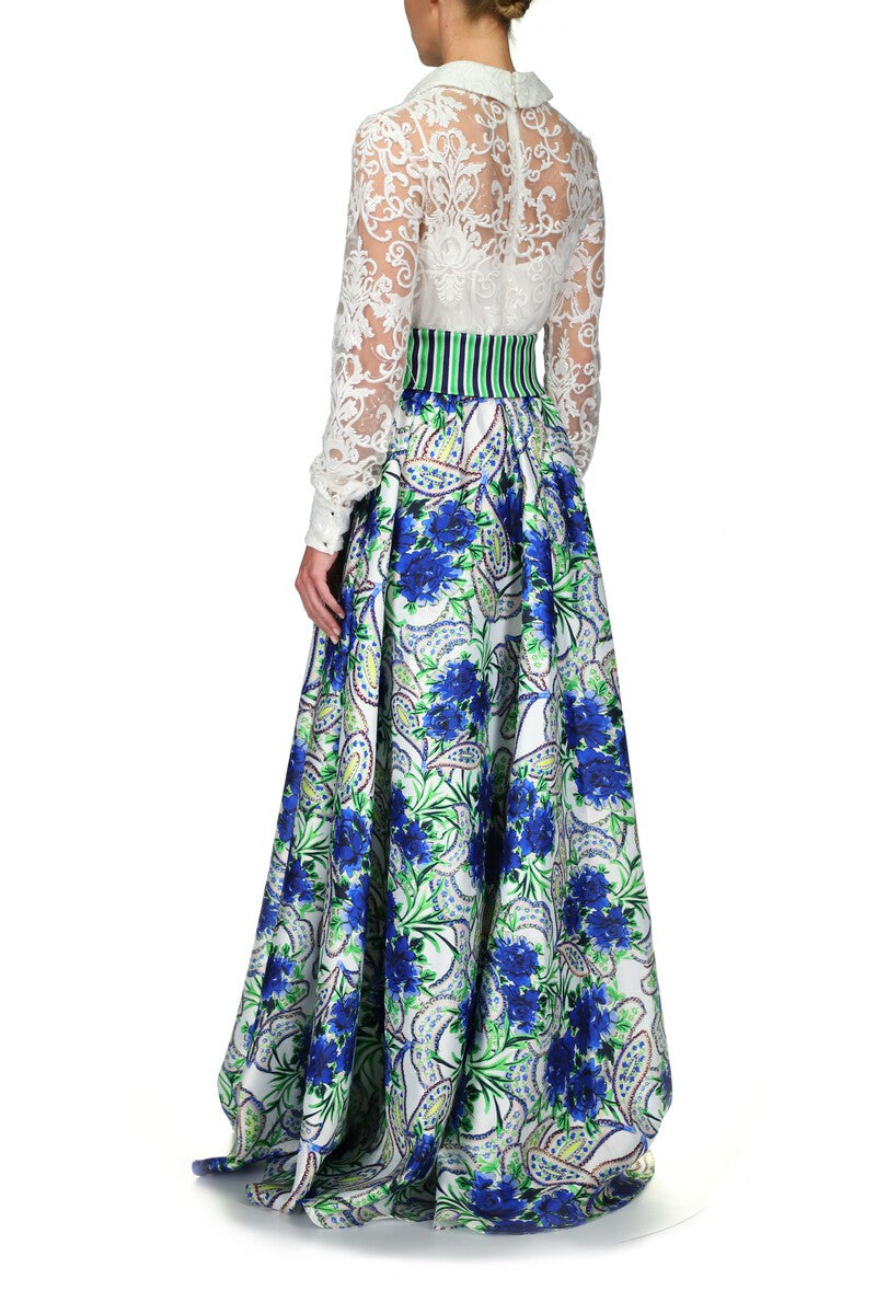 Blue Multi | Lace and Printed Mikado Shirt Gown