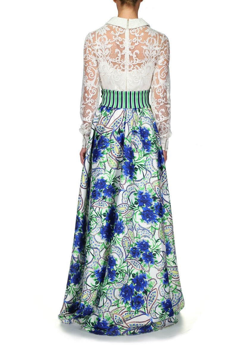 Blue Multi | Lace and Printed Mikado Shirt Gown